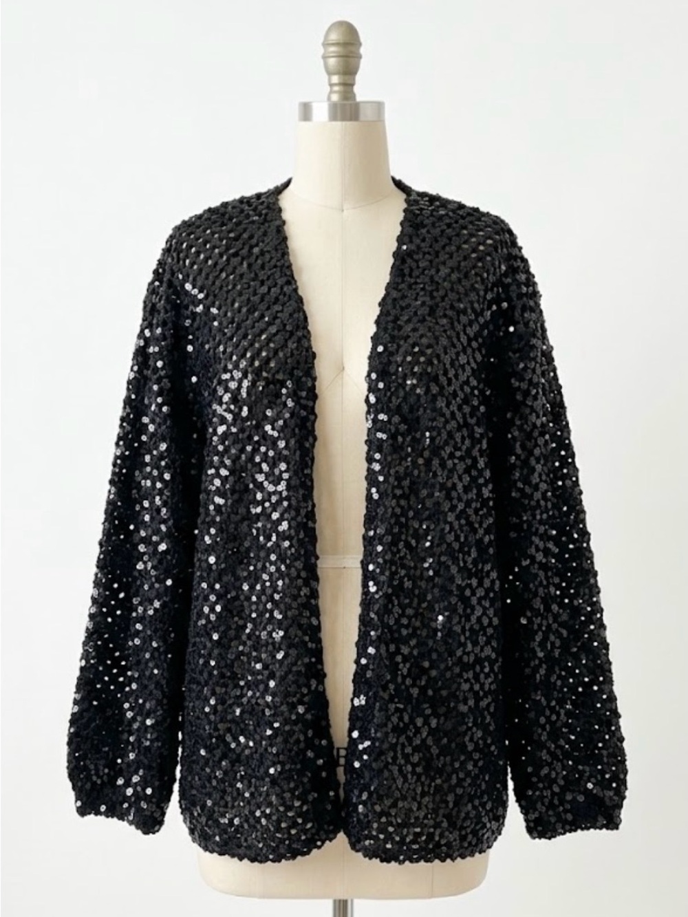 Vintage Edith Flagg Black Sequin Open Front Cardigan Jacket Large 90s Whimsigoth